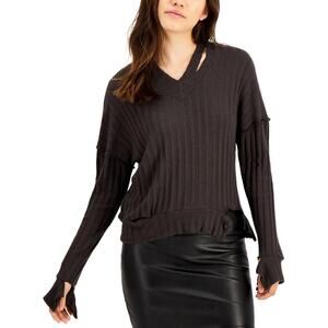 LNA Ribbed Long Sleeve V-Neck Top Small Viscose Soft Etten Laser Cut Out $154
